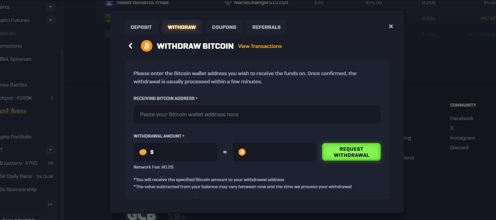 The withdrawal tab in the Rollbit sportsbook payment window.