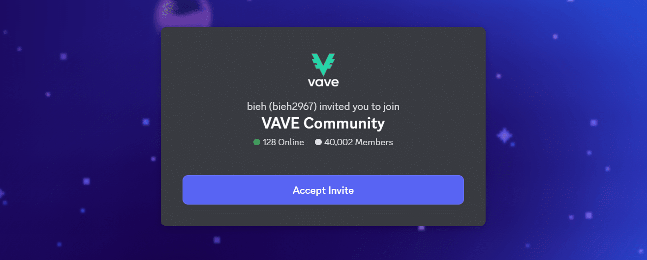 The official Vave Discord server with its member count visible.
