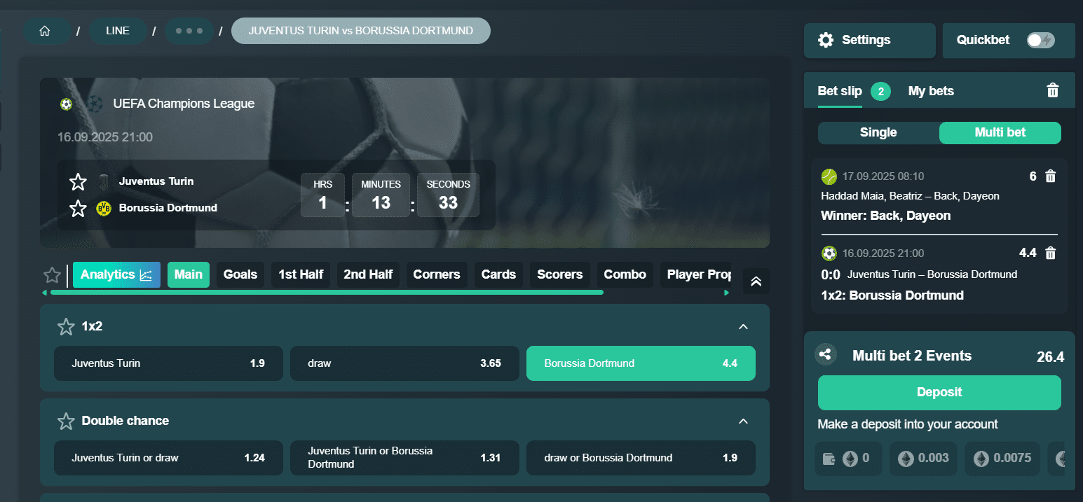 A look at the betting interface for football matches at Vave.