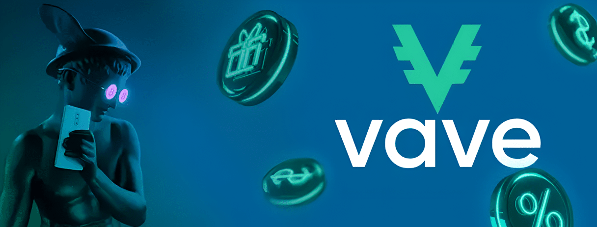 A promo banner for the Vave crypto casino and sportsbook featuring the site logo.