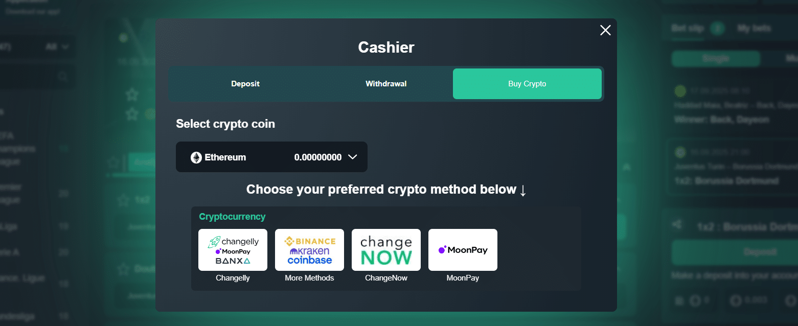 The buy crypto option in the Vave payment window.