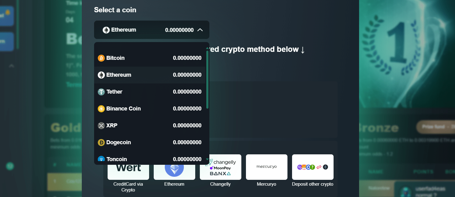 A look into the payment window at the Vave crypto sportsbooks with the deposit tab selected.