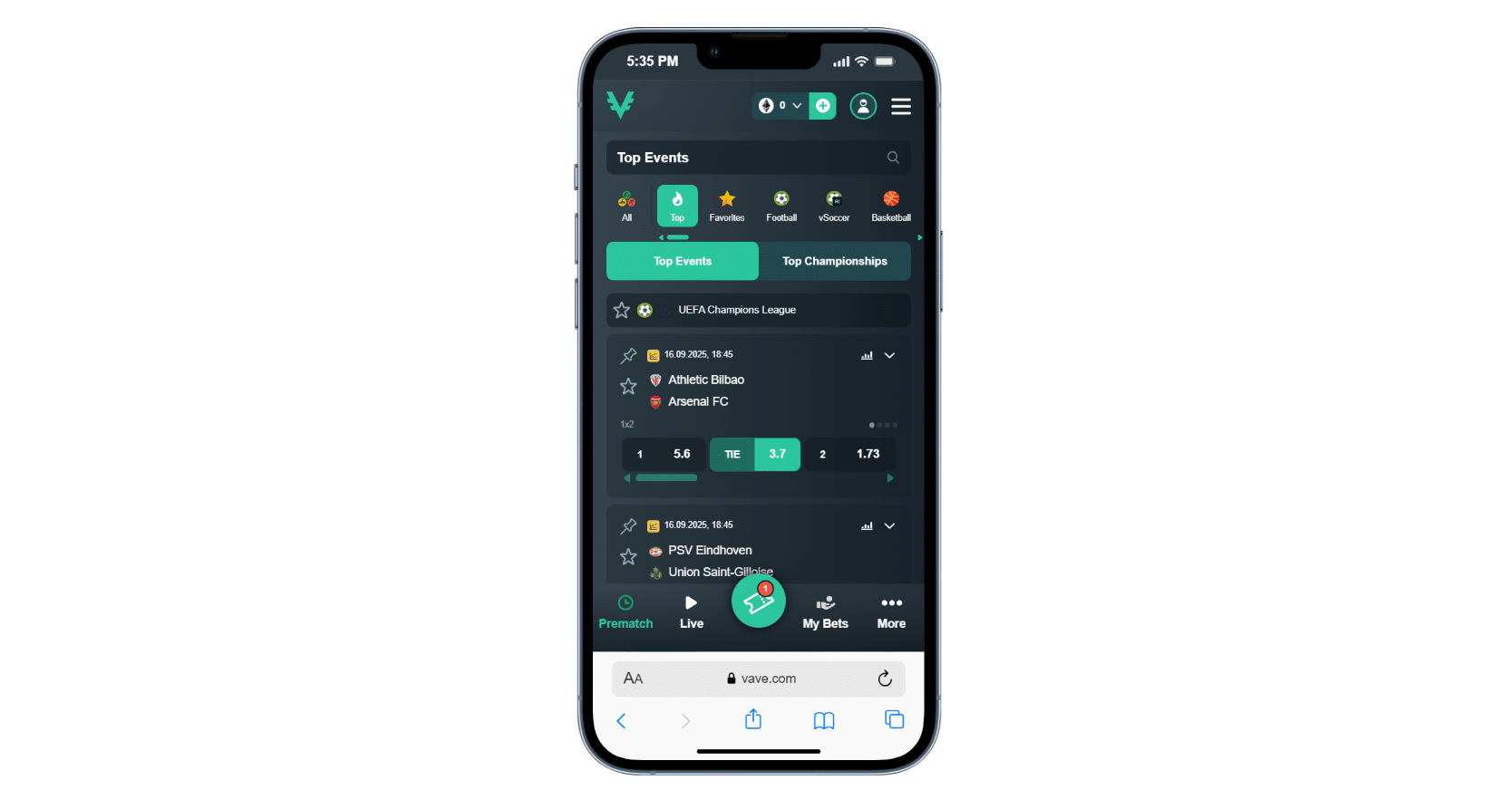 A look at the Vave crypto sportsbook mobile version for remote betting fun.
