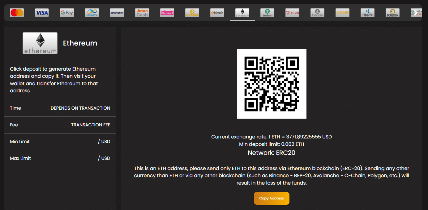 The payment window at ArtCasino.io