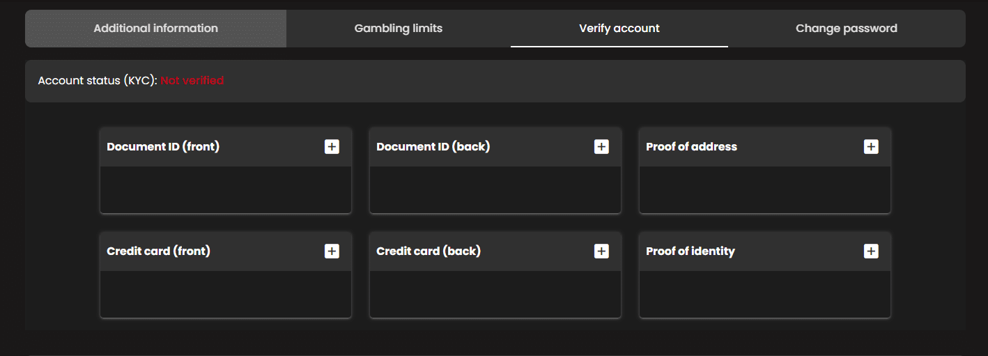 The KYC tab in the Art Casino profile options.
