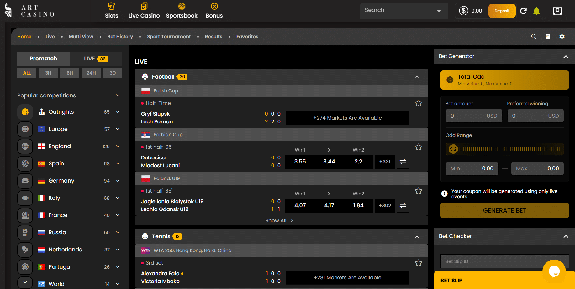 The live betting section of the Art Casino sportsbook.