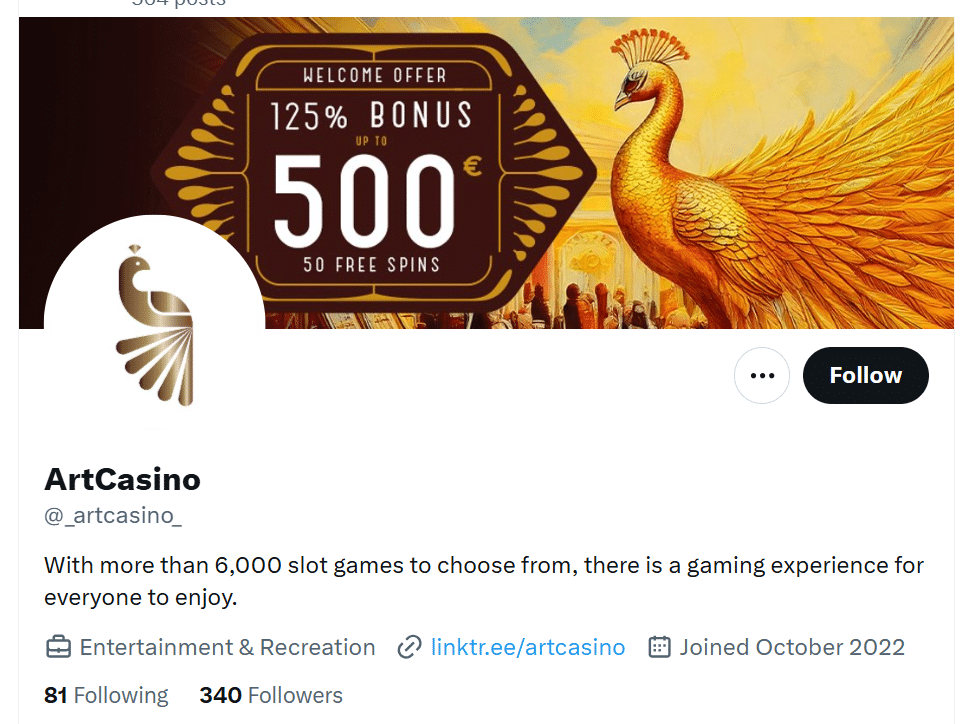 the X page for Art Casino with follower count on that platform visible
