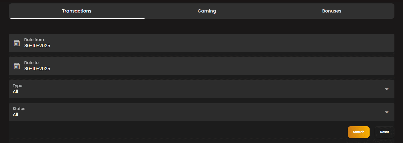 The transaction history section in the Art Casino profile window.