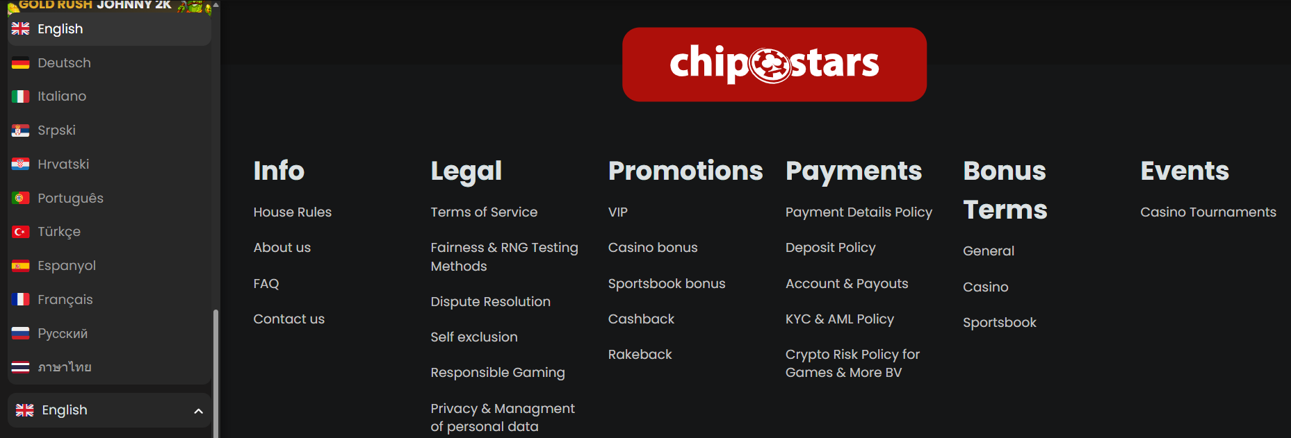 The interface language selector at ChipStars with all the languages users can view the ChipStars sportsbook in.