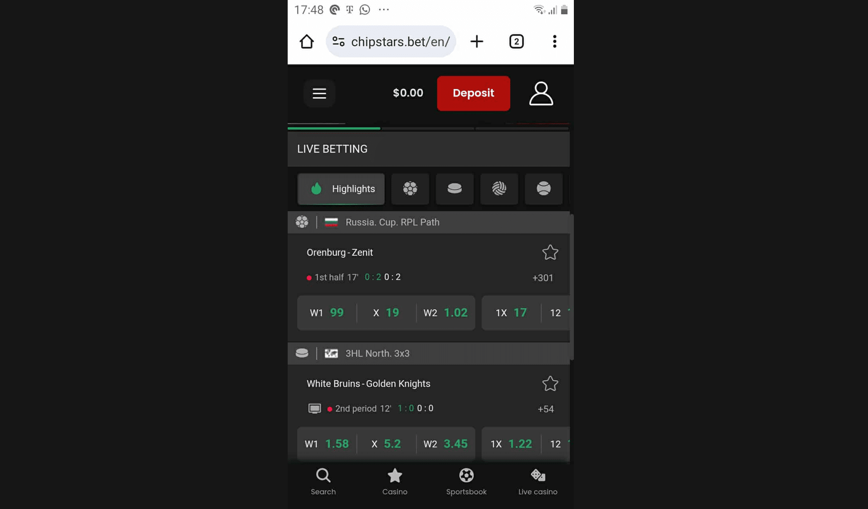 A look at the the ChipStars mobile version, its live betting page. 