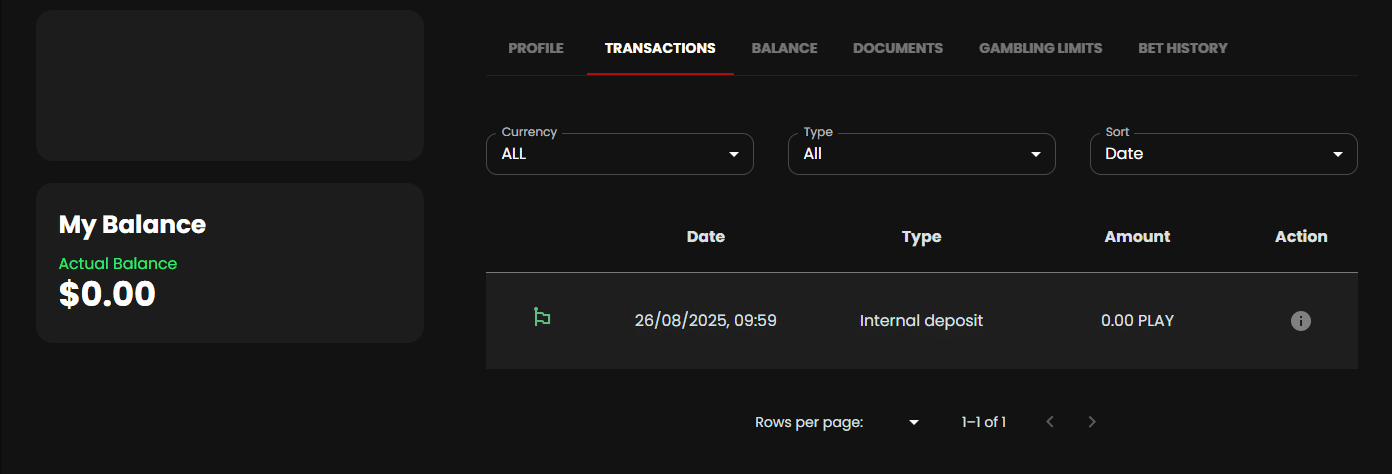 ChipStars' transaction history window, with the balance and all drop-down menus visible. 