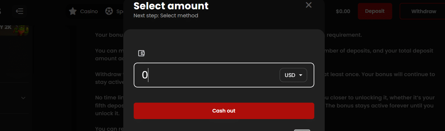 A look at the withdrawal window at the ChipStars gambling site.