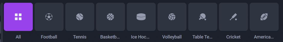 The sports selection menu in the Coinplay sportsbook interface.