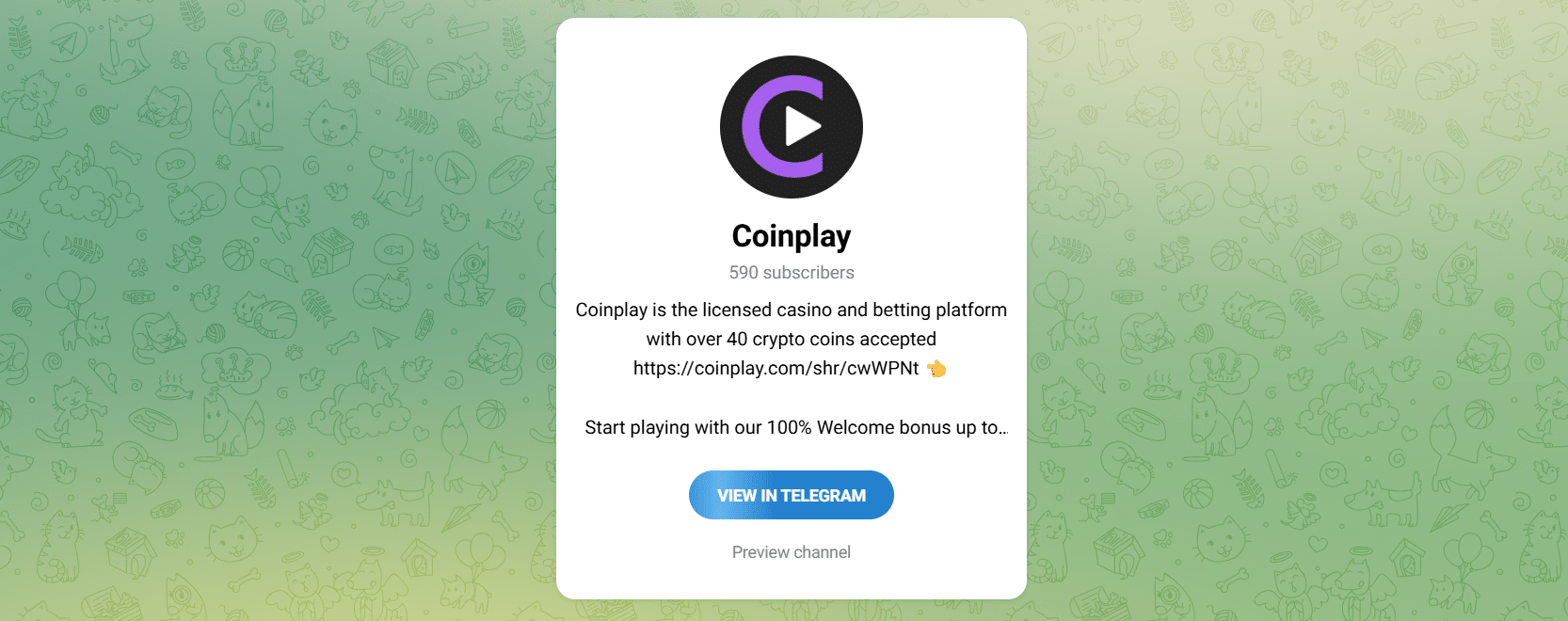 The official Coinplay Telegram channel with its low number user count visible. 
