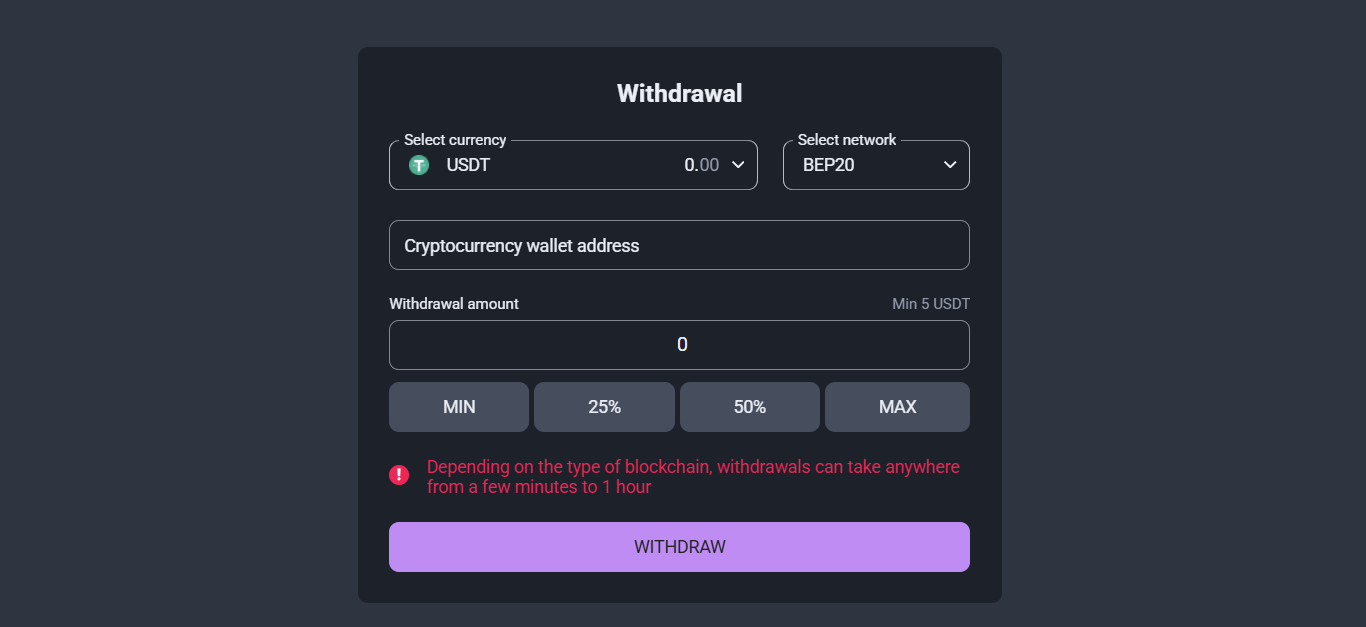 The Coinplay withdrawal tab in this site's payment window. 