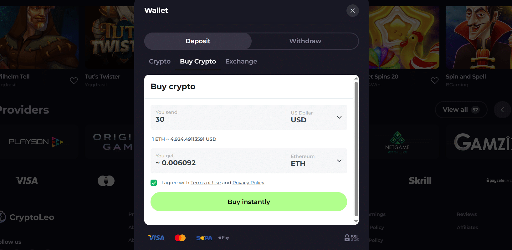 The buy crypto window at CryptoLeo for you to purchase coins on-site.