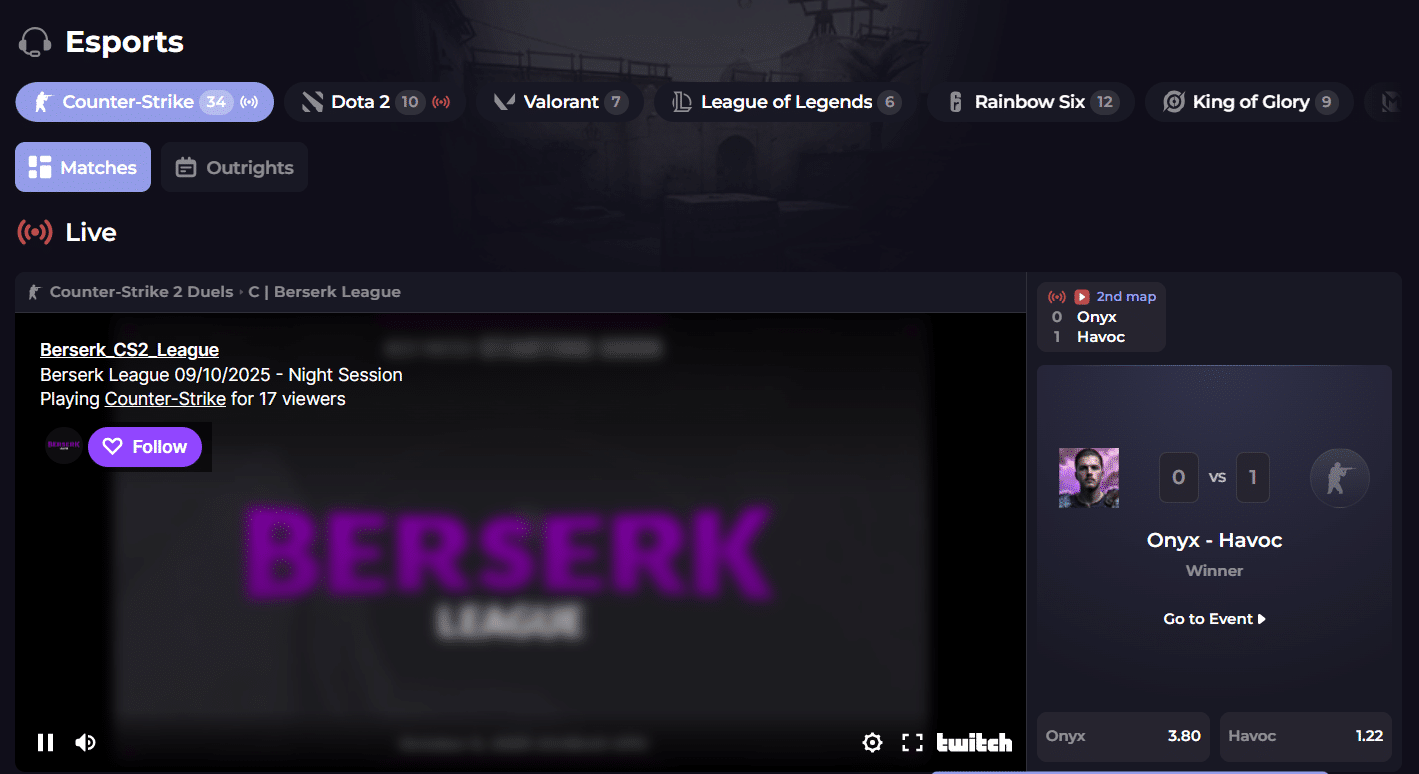 The eSports section at CryptoLeo.