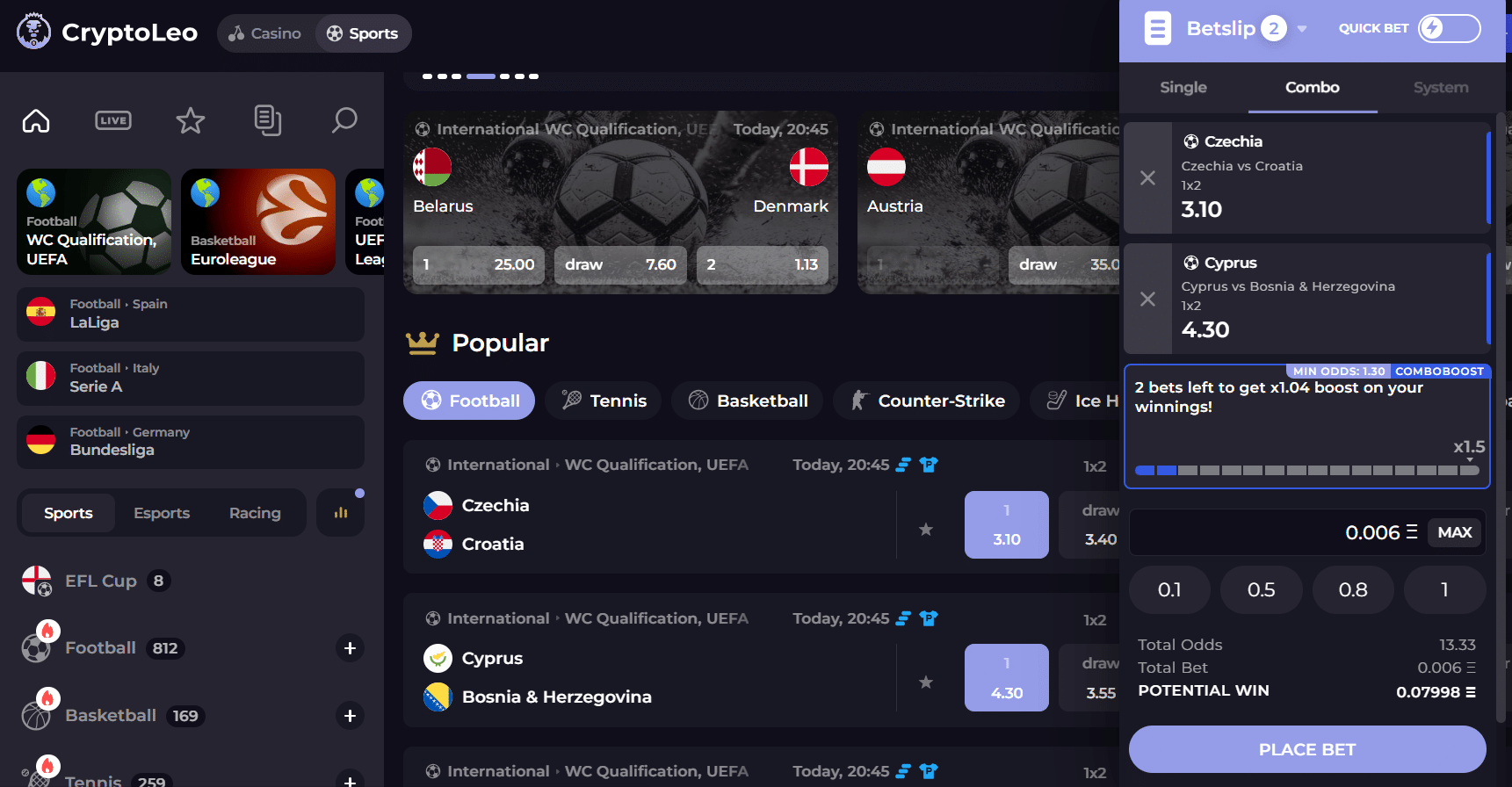 A sample of the BETBY betting interface at CryptoLeo.