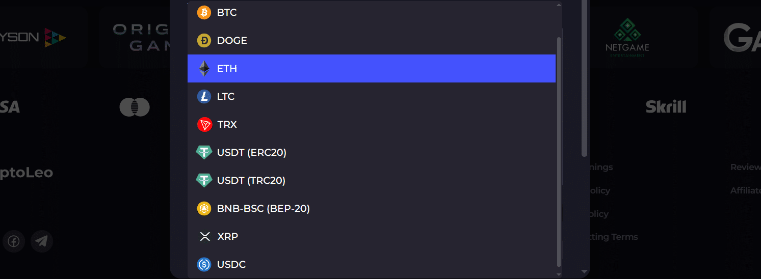 The deposit crypto options at the CryptoLeo sportsbook.
