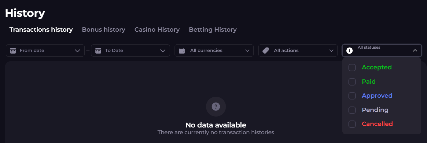 The history transaction section in the CryptoLeo profile options. 