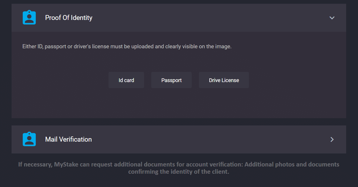 The KYC panel inside your MyStake profile options, the section for identity verification necessary for withdrawing. 