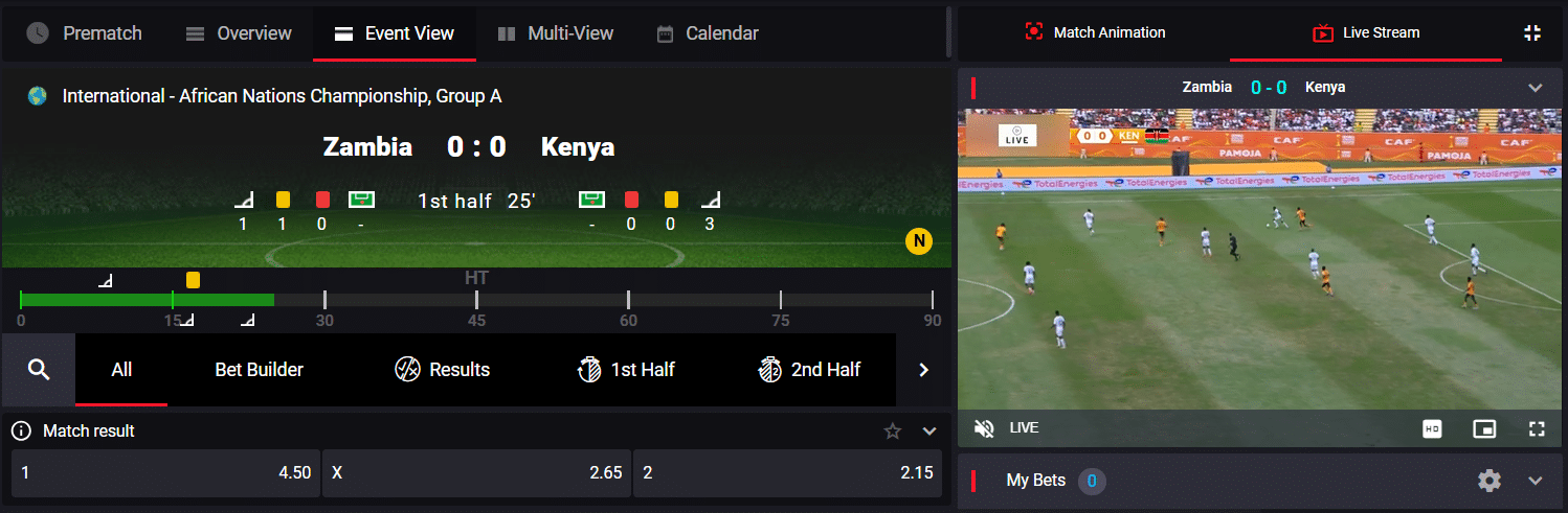 A sample MyStake sportsbook live stream from a football game from the African Nations Championship. 