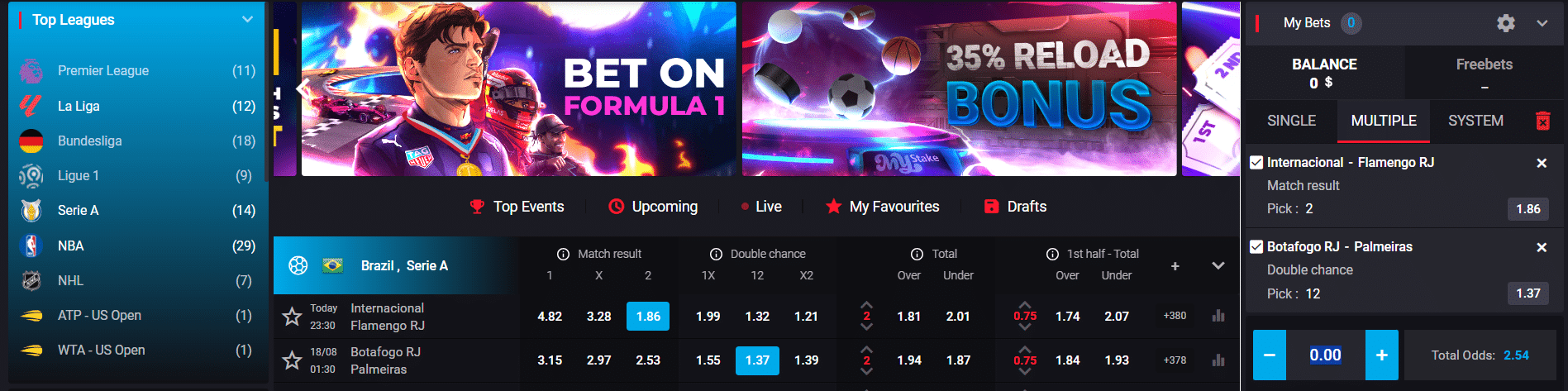 A sample of the user interface at the MyStake sportsbook with many of its options in view.