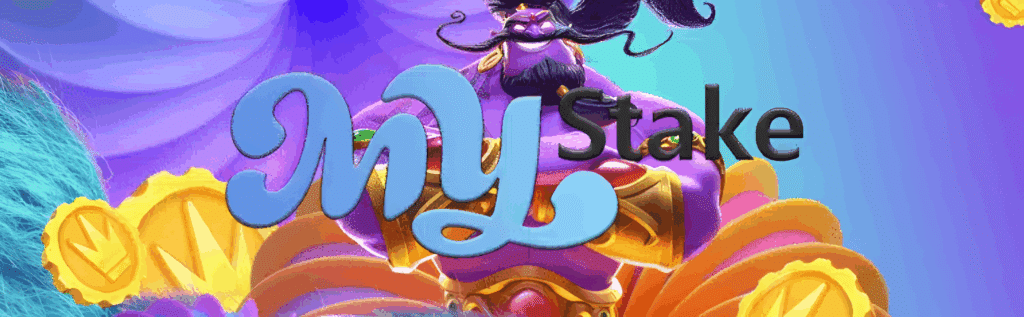 A promo banner for the MyStake gambling site featuring a genie. 