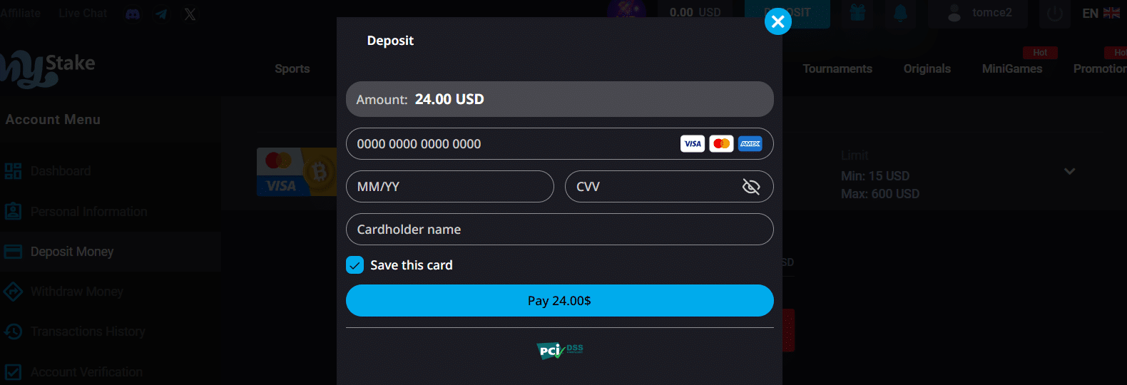 The MyStake buy crypto payment window the first choice on the site's payment deposit section. 