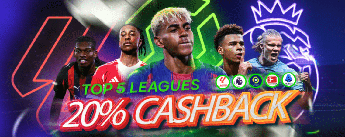 A promo banner for the MyStake 20% top five league football cashback deal. 