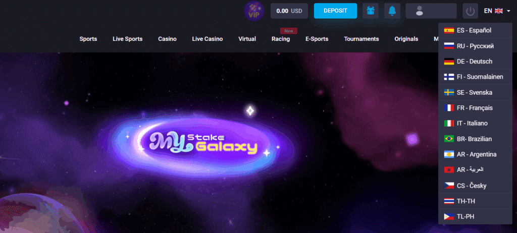 The MyStake UI and its language selection, letting you view the site in multiple different languages. 