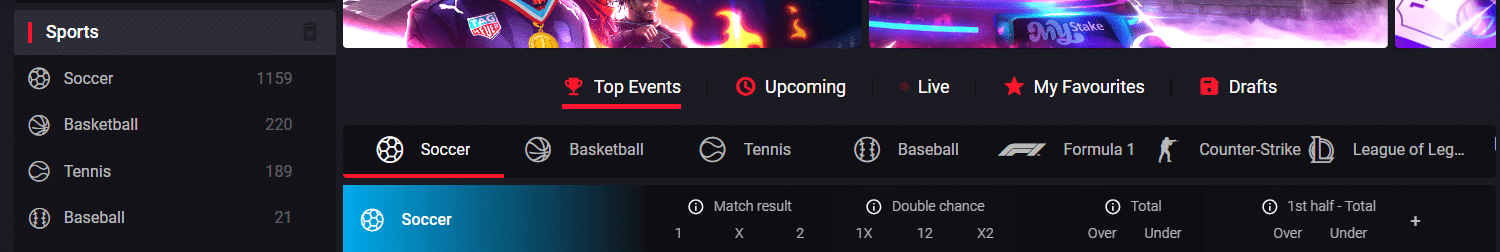 A few of the sports selection options in the MyStake's gambling website's interface. 