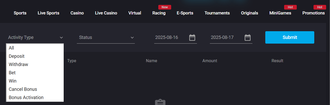 The MyStake transaction history section found in your MyStake profile page.