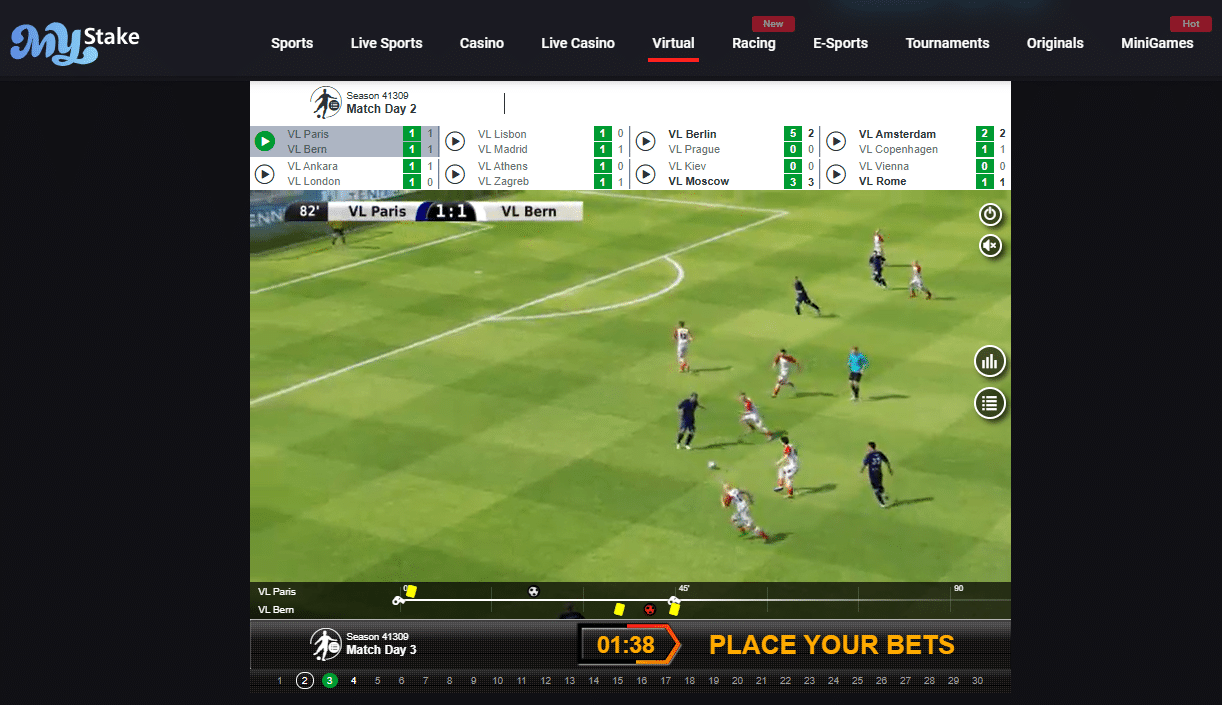 A sample of the virtual sports betting page at the MyStakes crypto sportsbook.