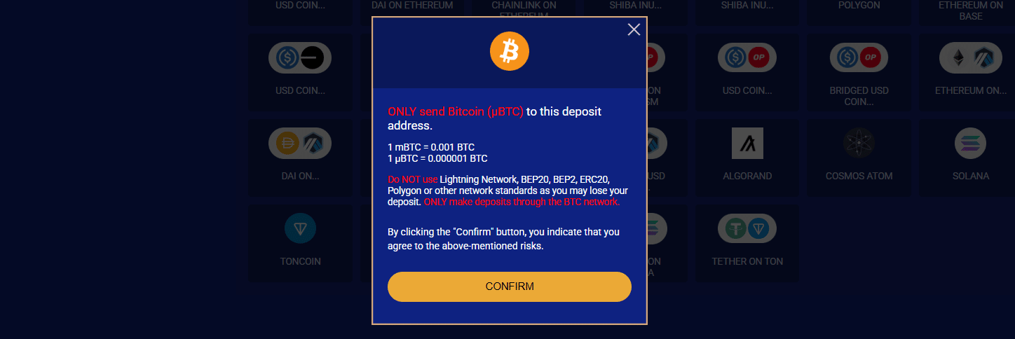 The Bitcoin deposit window at SapphireBet.