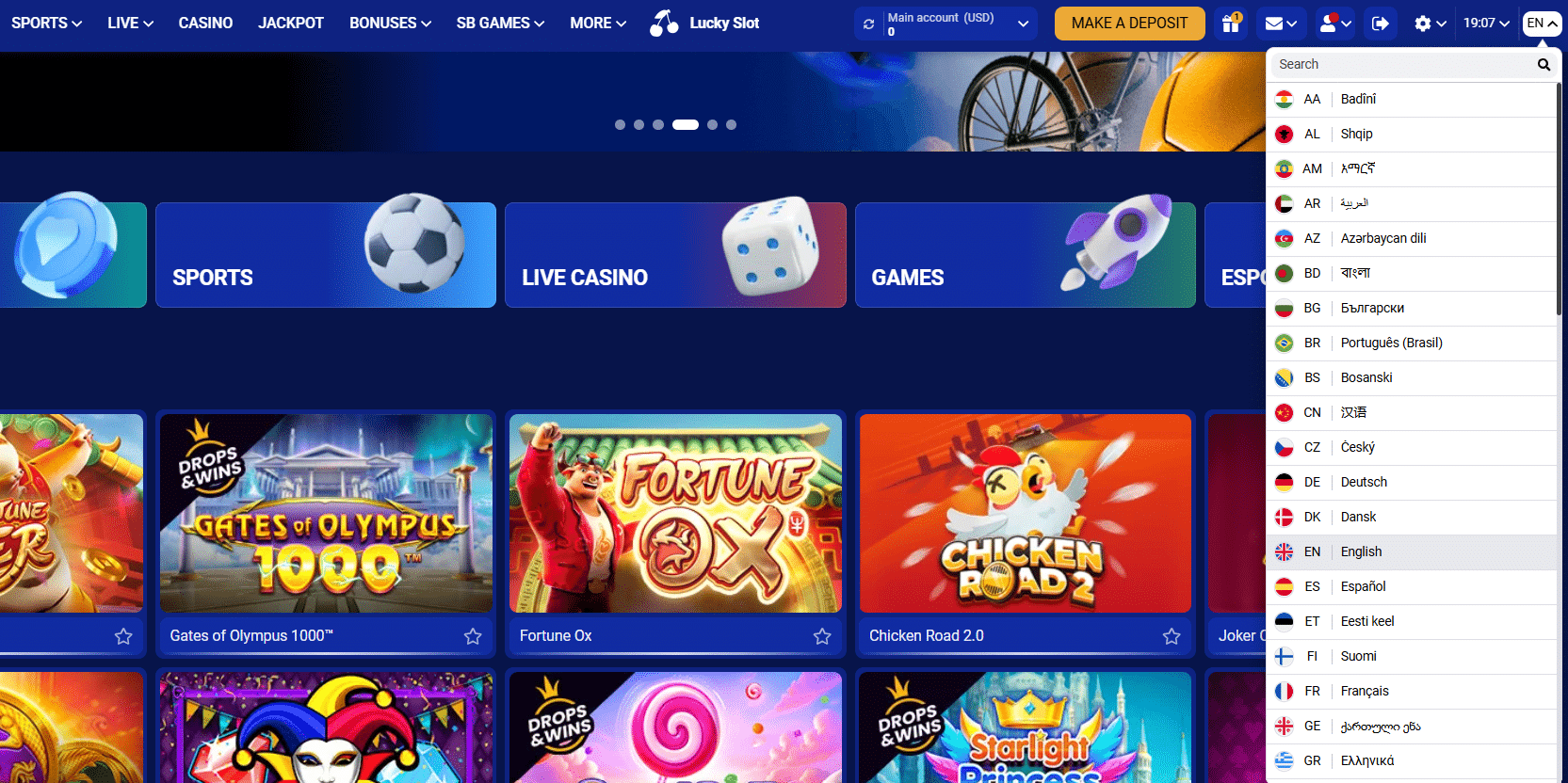 A look at the SapphireBet language selector. 