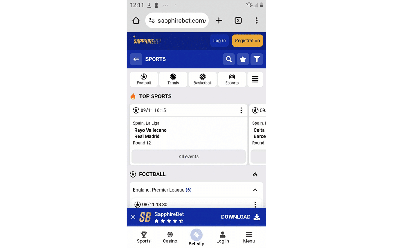 A look at the mobile version of the SapphireBet betting page.
