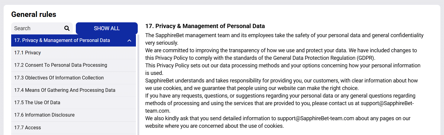 A look at the SapphireBet privacy page, its opening.