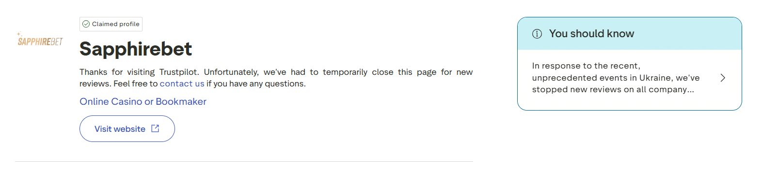 The Trustpilot page for SapphireBet.