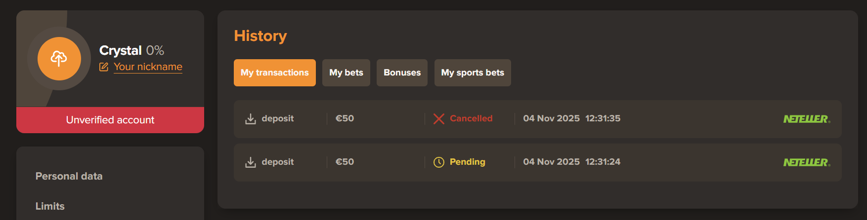 The Sol Casino transaction history section. 