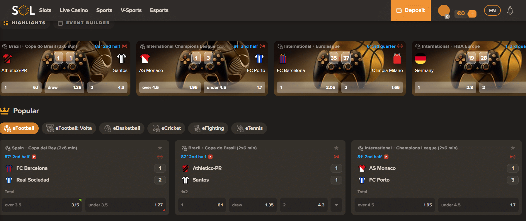 The Sol Casino BETBY virtual sports bookmaker page. 