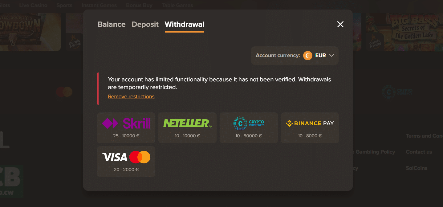 The withdrawal tab in the Sol Casino payment window. 