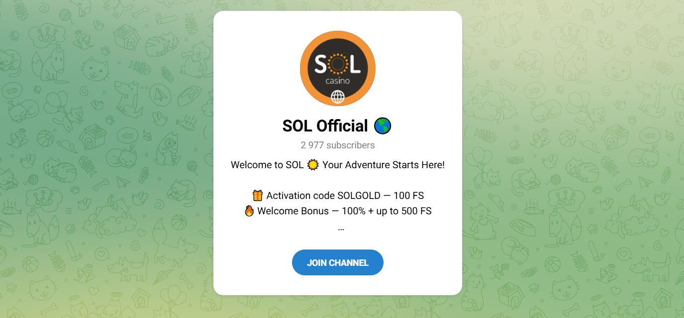 The Sol Casino Telegram channel with the subscriber count visible. 