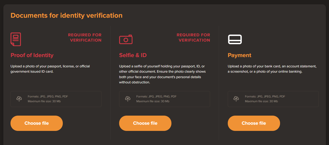 The KYC section of the Sol Casino user profile. 
