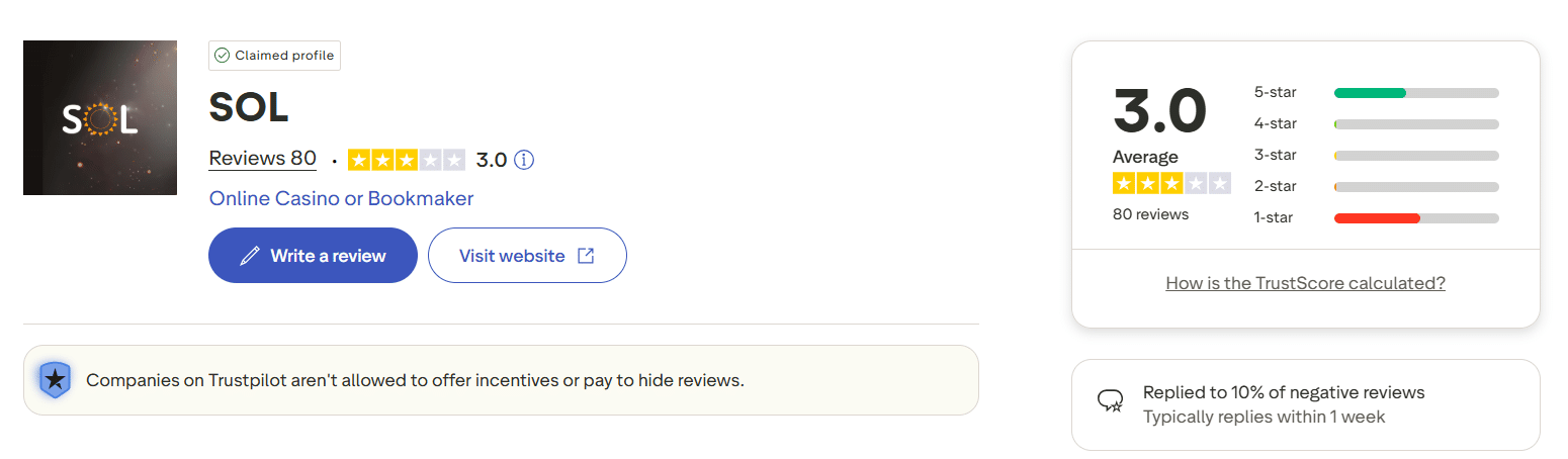 The Sol Casino Trustpilot page. 
