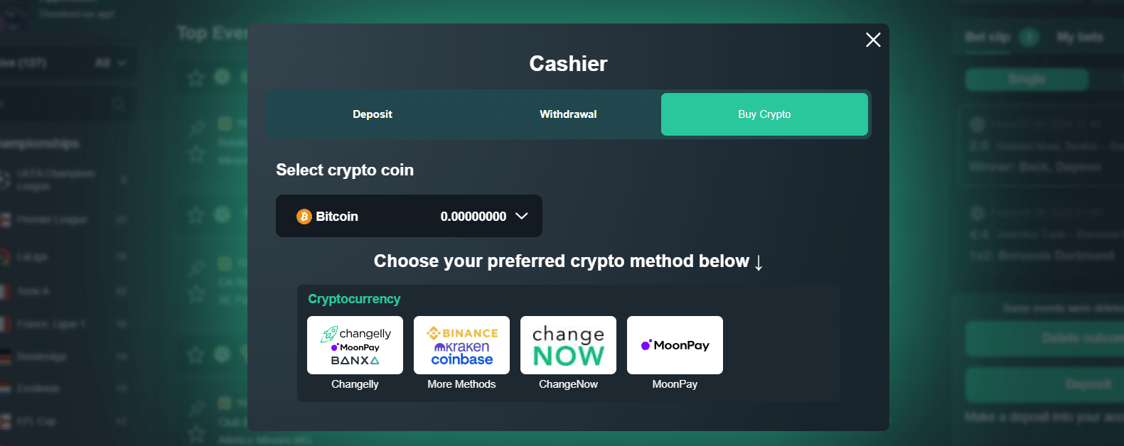 The buy crypto tab in the Vave casino payment window, from where users can get crypto for gambling fun here.