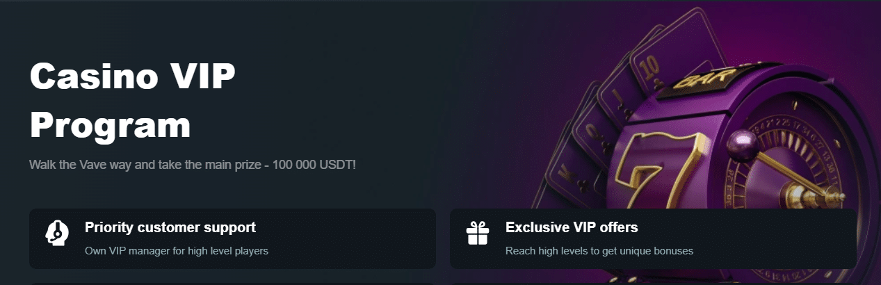 A promo banner for the Vave casino VIP program with some of its exclusive benefits advertised.