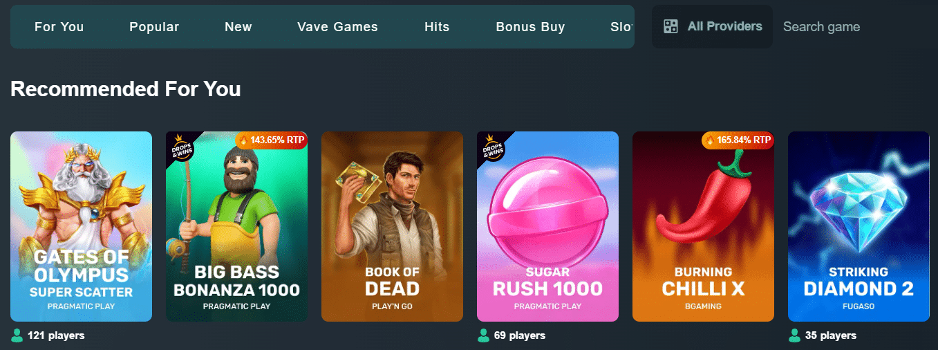 A look at the Vave game lobby with its filtering options.