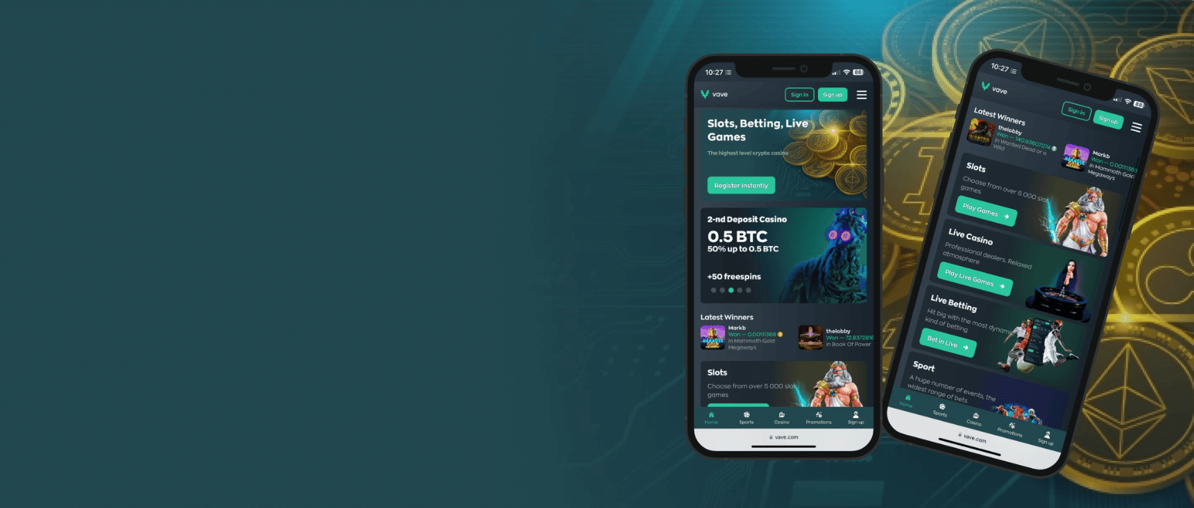 A promo banner for the sportsbook and casino versions of Vave.com.