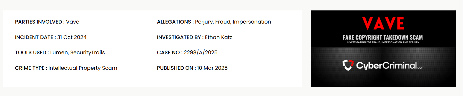 The March 2025 CyberCriminal.com report accusing Vave.com of fiddling with online reviews.